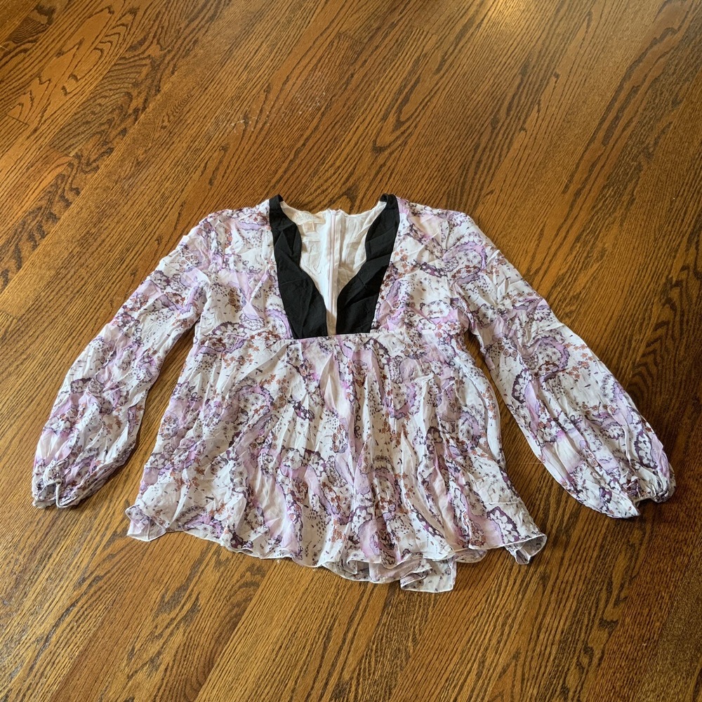 Giambattista Valli‎ Blouse Purple Printed Silk Chiffon Sz 46L Balloon Sheer EUC